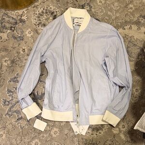 Blue and White Striped Bomber Jacket
